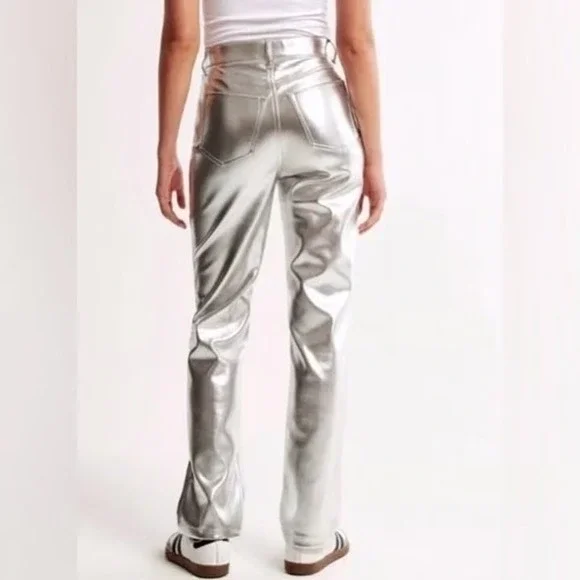 Abercrombie & Fitch Ultra High Rise 90s Straight Silver Vegan Leather Pants - Picture 3 of 9